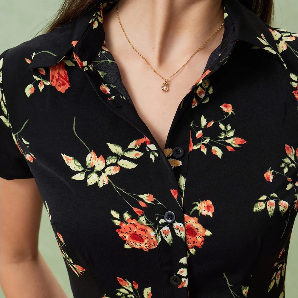Rihoas Black Floral Button A-Line Midi Dress - Picture 4 of 8